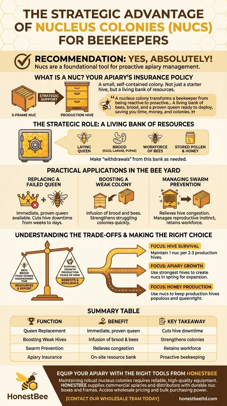 What is the recommendation regarding nucleus colonies for beekeepers? Essential for Proactive Apiary Management Visual Guide