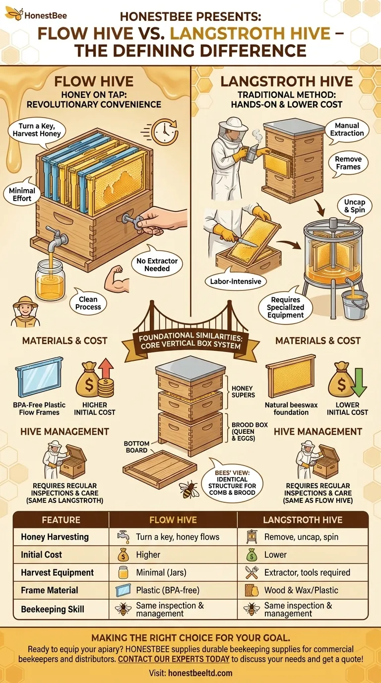 What is the main difference between a Flow Hive and a Langstroth hive? Flow Hive vs Langstroth Visual Guide