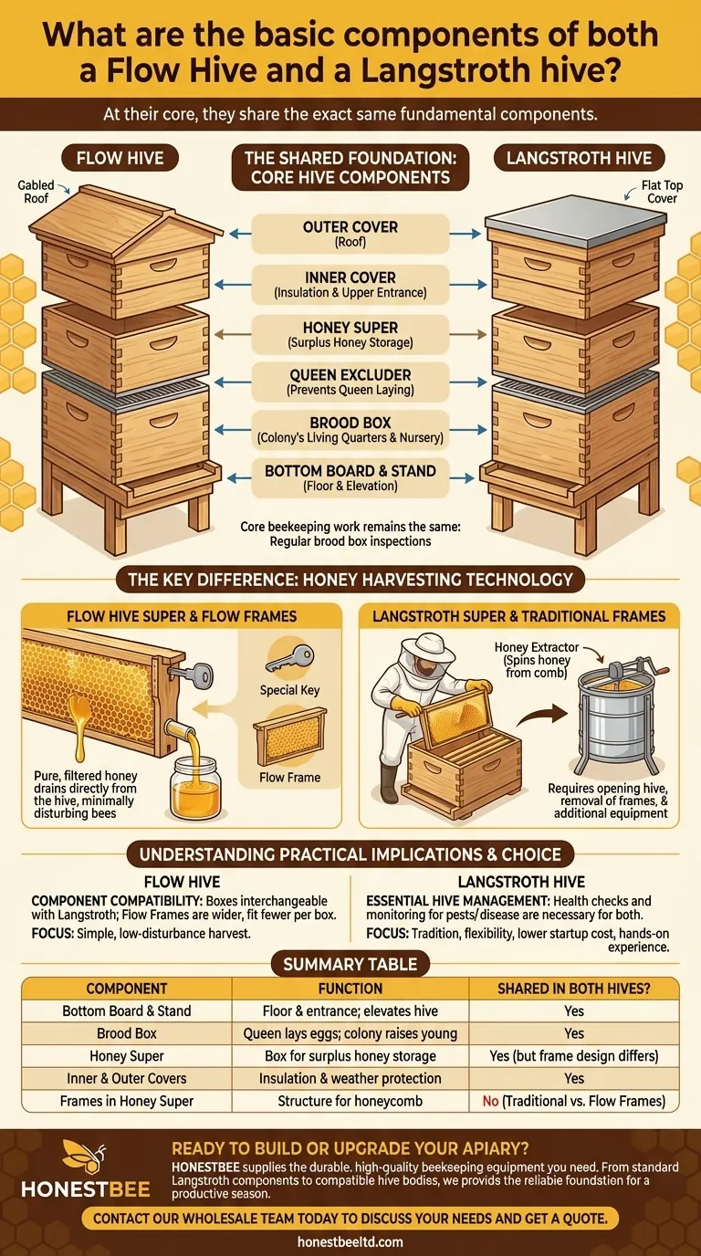 What are the basic components of both a Flow Hive and a Langstroth hive? Discover the Core Beekeeping Structure Visual Guide