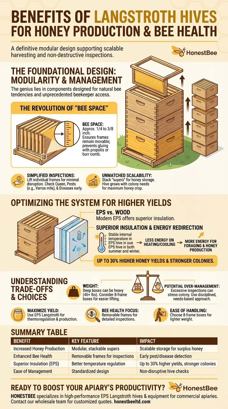 랑스트로스 벌통이 꿀 생산과 벌 건강에 미치는 이점은 무엇인가요? 모듈식 설계를 통해 수확량을 극대화하세요 시각적 가이드