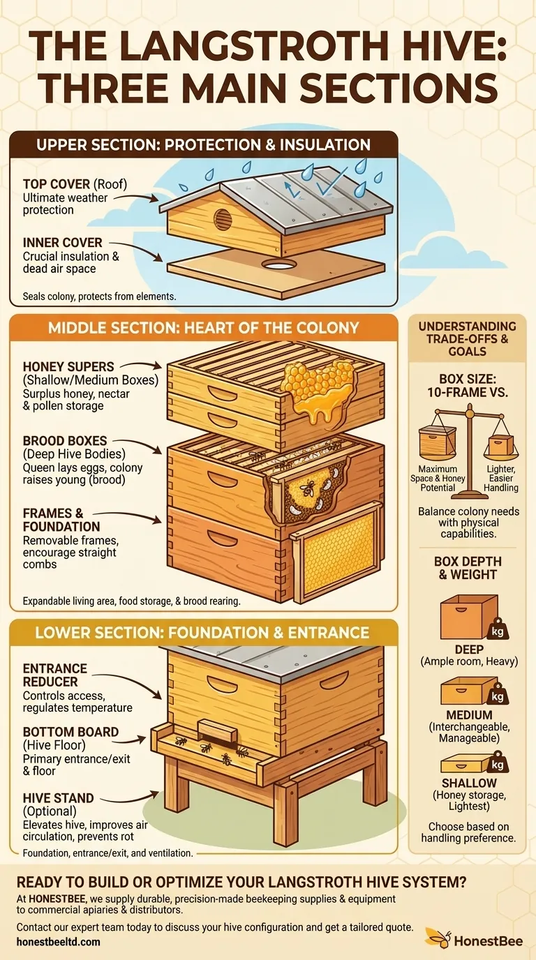 What are the three main sections of a Langstroth hive? A Guide to Hive Structure & Management Visual Guide