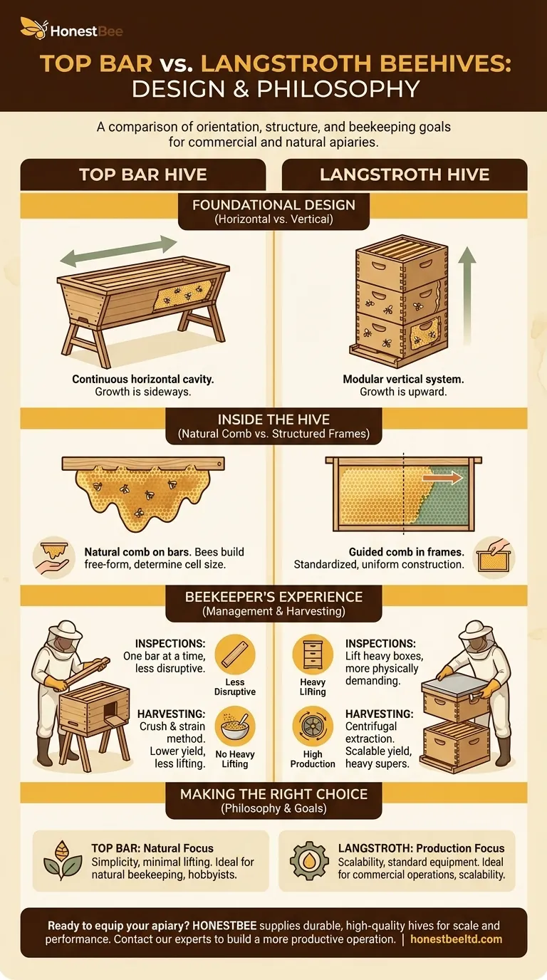 How does the design of a Top Bar Beehive differ from a Langstroth Beehive? Choose the right hive for your apiary. Visual Guide
