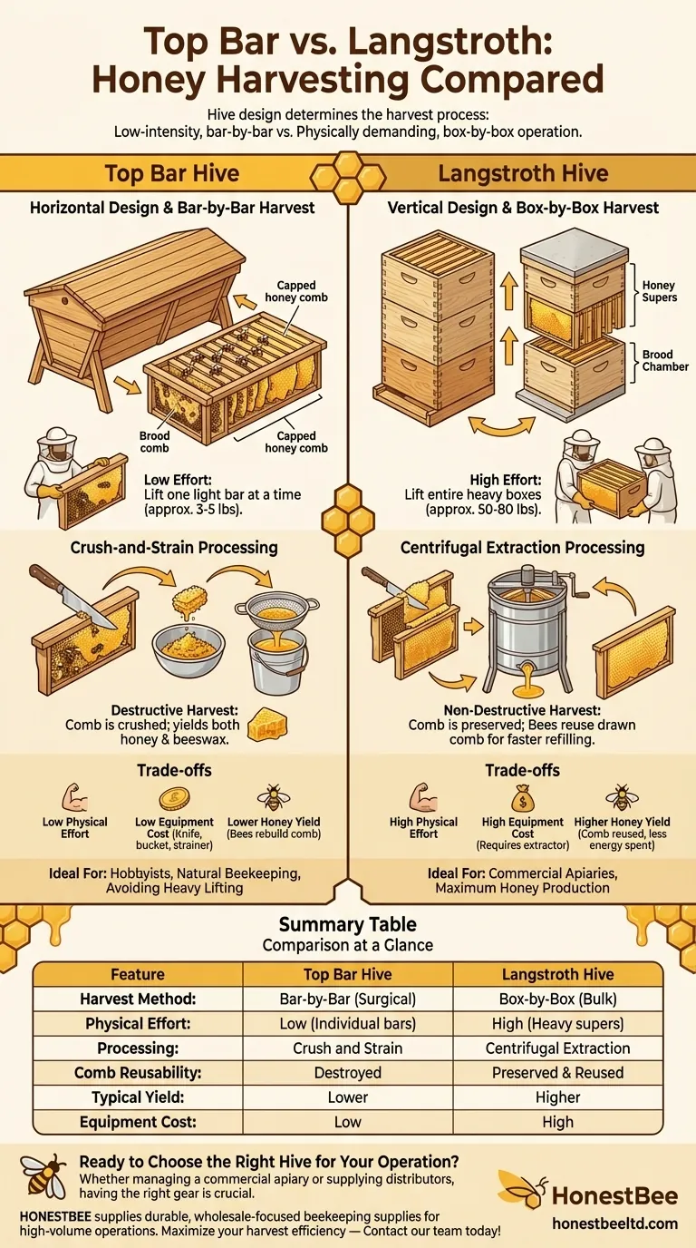 탑바(Top Bar) 벌통과 랑스트로스(Langstroth) 벌통의 꿀 수확 과정은 어떻게 다른가요? 수확량, 노력 및 방법에 대한 가이드 시각적 가이드