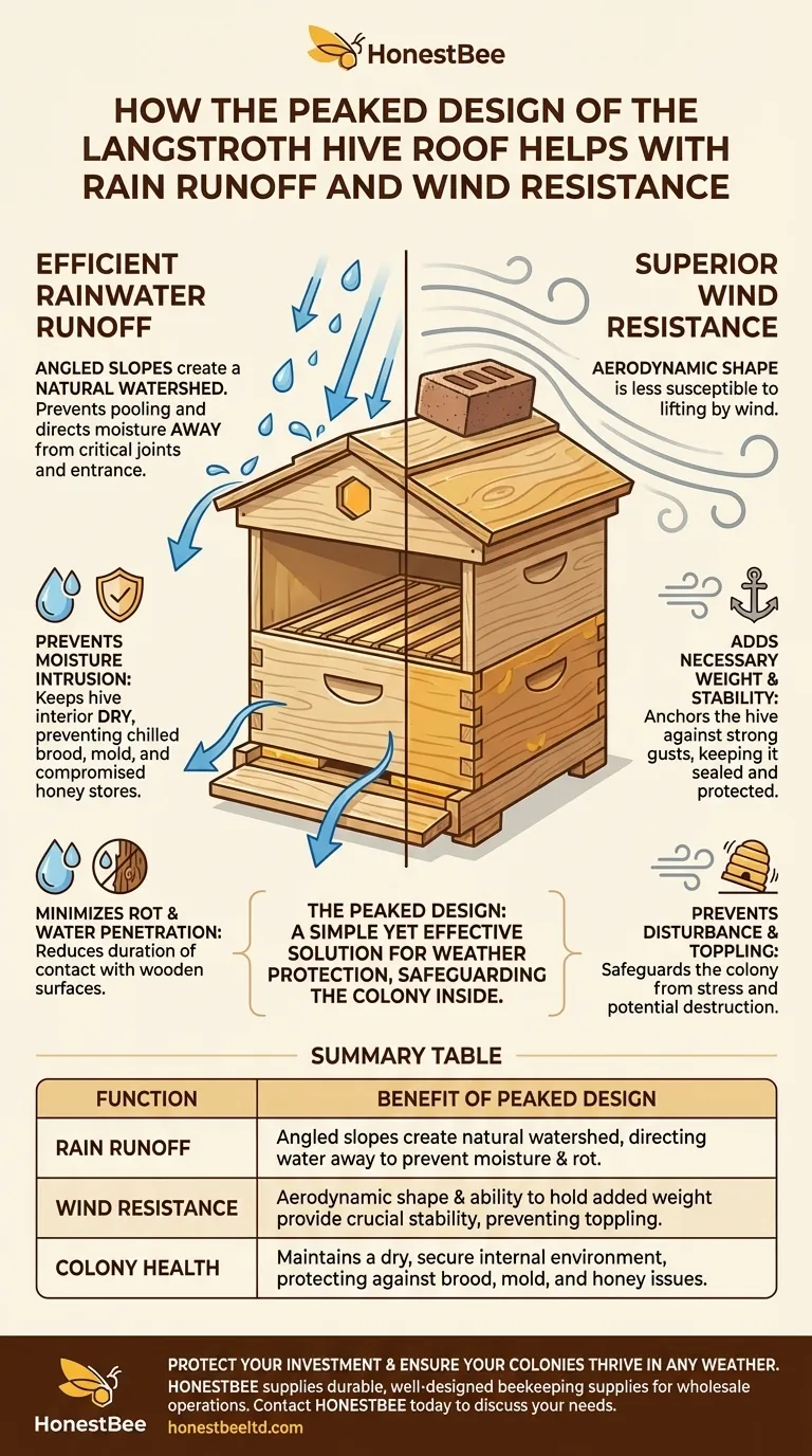 How does the peaked design of the Langstroth hive roof help with rain runoff and wind resistance? Essential Weather Protection for Your Hives Visual Guide