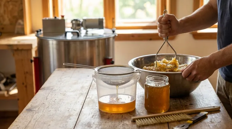 هل يمكنك حصاد العسل بدون جهاز طرد مركزي؟ نعم، باستخدام طريقة السحق والتصفية البسيطة.