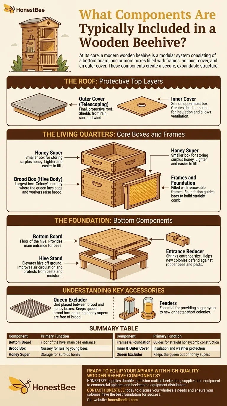 What components are typically included in a wooden beehive? A Complete Guide for Apiaries Visual Guide