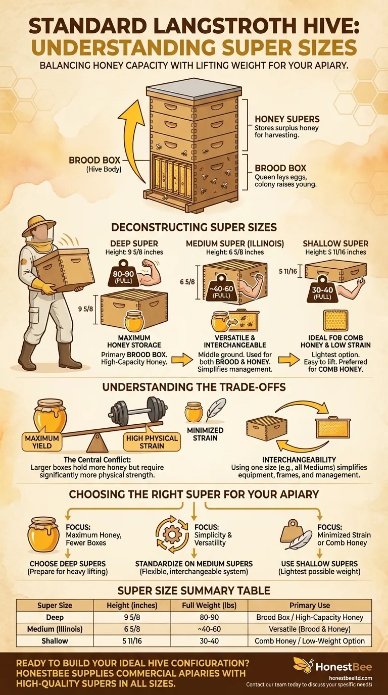 표준 벌통에서 사용 가능한 슈퍼(Super)의 크기는 무엇인가요? 딥(Deep), 미디엄(Medium), 샬로우(Shallow) 상자에 대한 안내 시각적 가이드