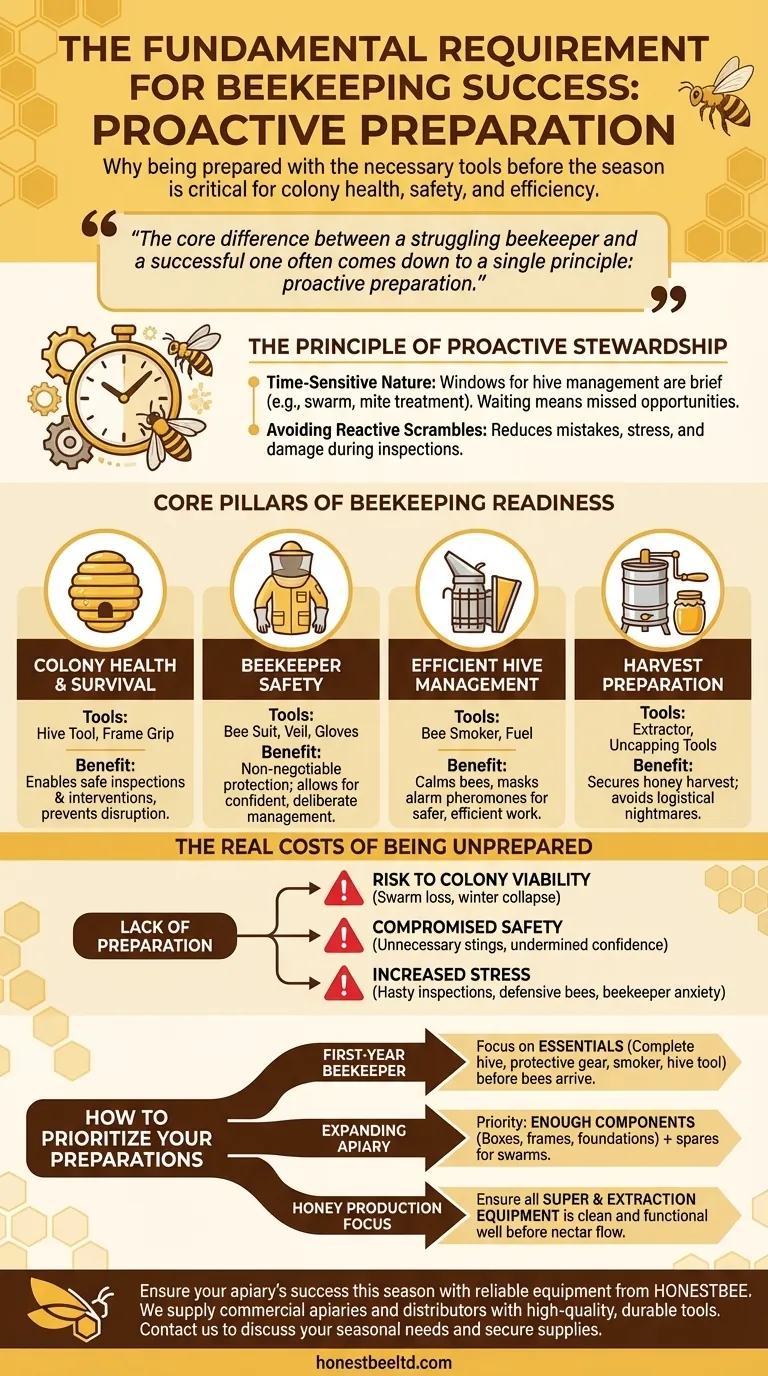 Why is it important for beekeepers to be prepared with the necessary tools before the beekeeping season begins? The Key to Proactive Success Visual Guide