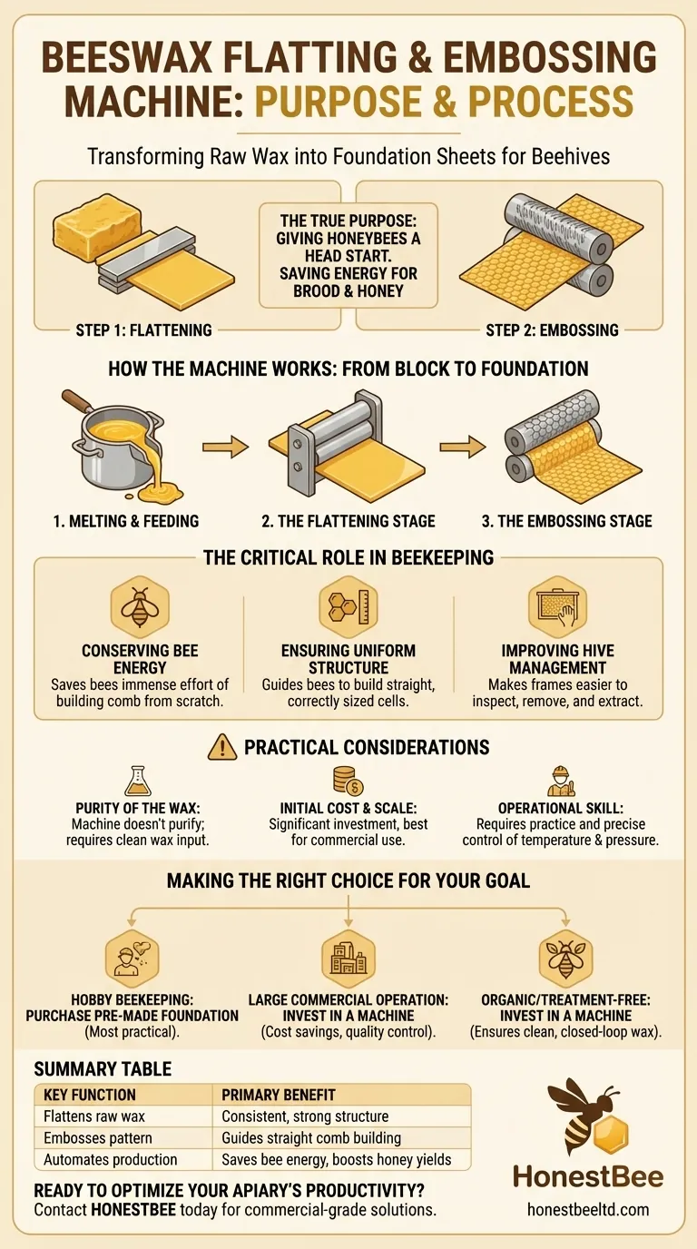 What is the purpose of the beeswax flatting and embossing machine? Boost Hive Efficiency & Honey Production Visual Guide