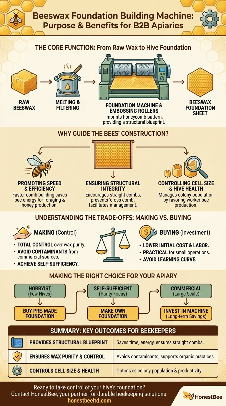 What is the purpose of a beeswax foundation building machine? Control Hive Health & Efficiency Visual Guide