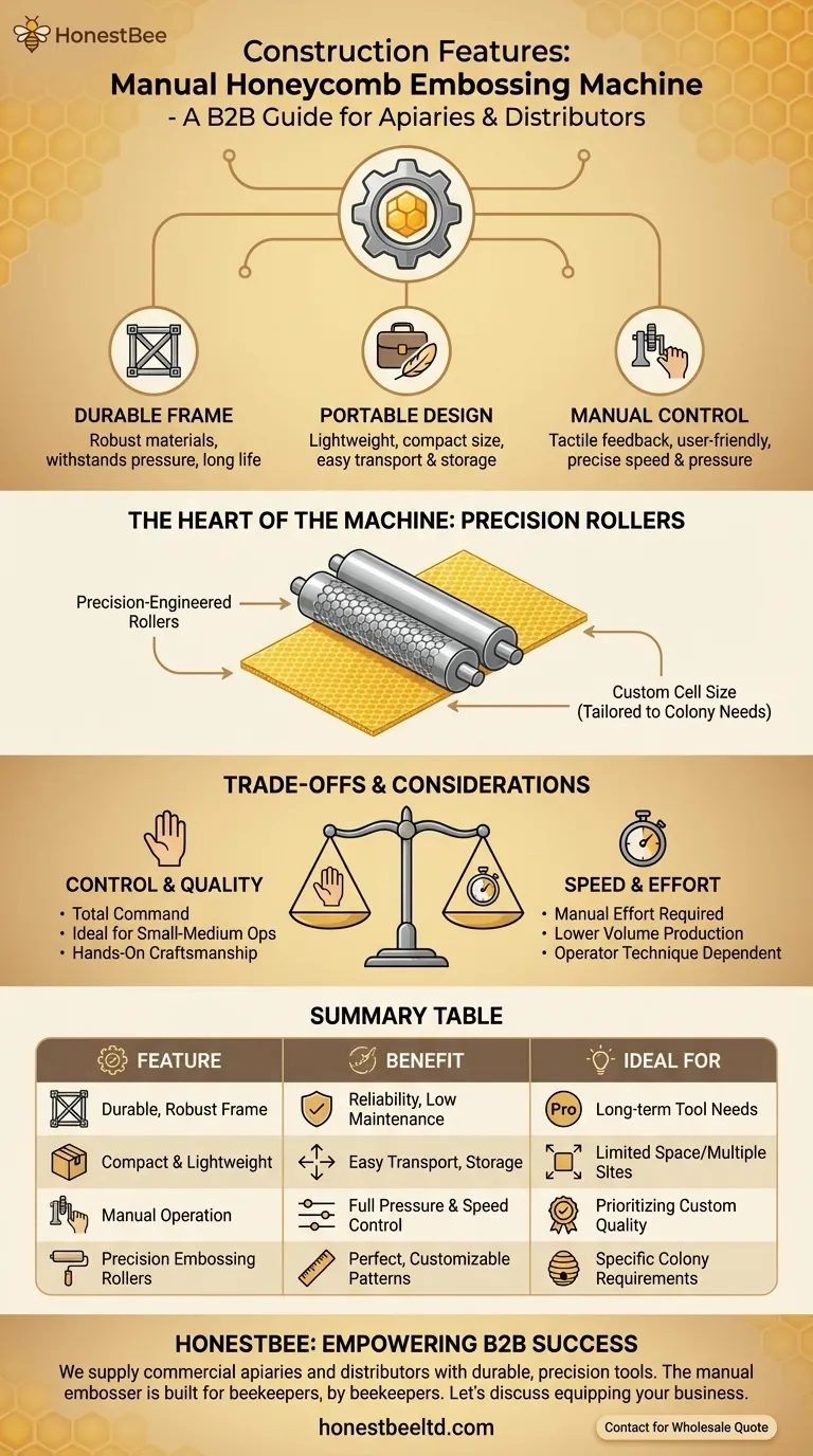 What are the construction features of the manual honeycomb embossing machine? Built for Durability, Portability, and Control Visual Guide