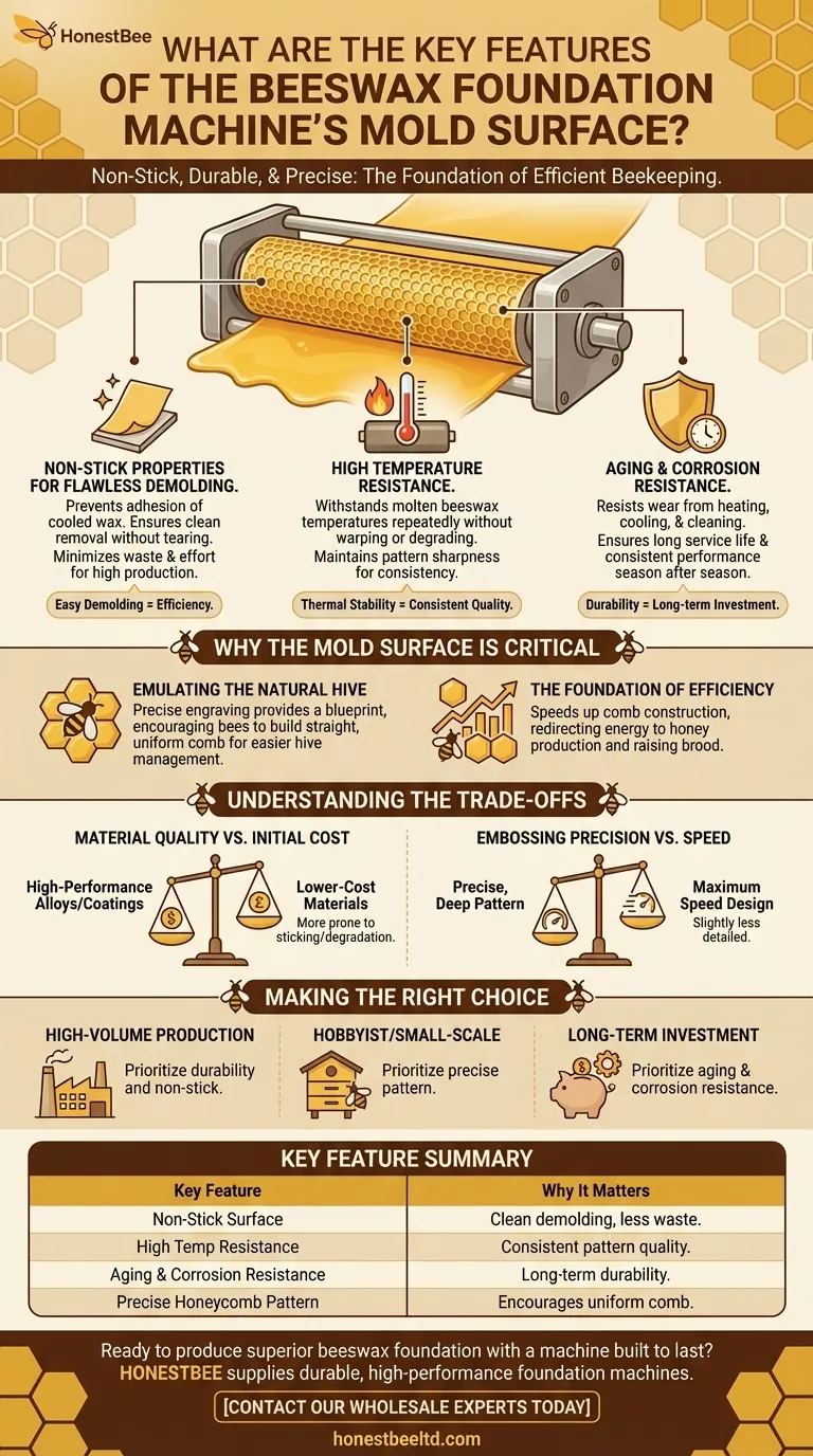 What are the key features of the beeswax foundation machine's mold surface? Non-Stick, Durable & Precise Visual Guide