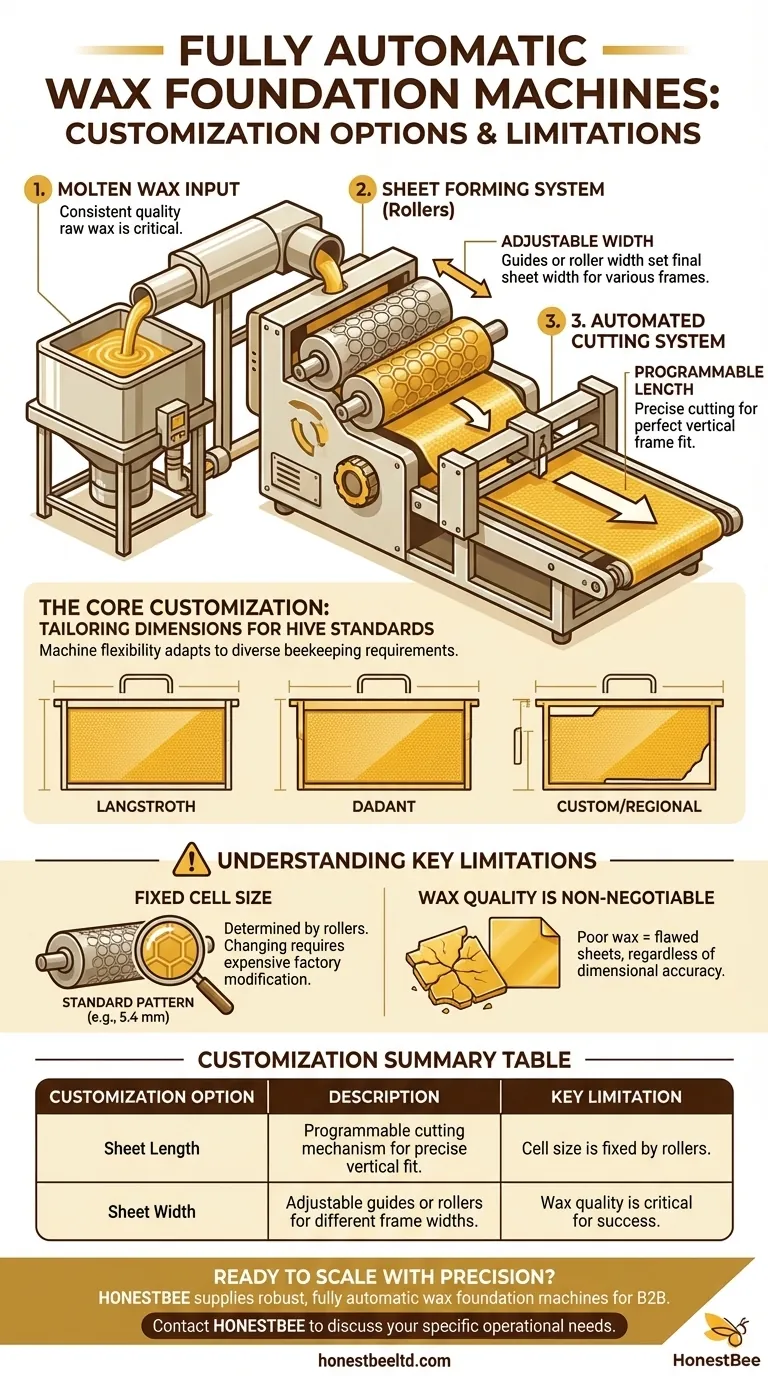 완전 자동 밀랍 소초기에는 어떤 맞춤 설정 옵션이 제공되나요? 모든 벌통 프레임에 맞는 시트 맞춤 제작 시각적 가이드