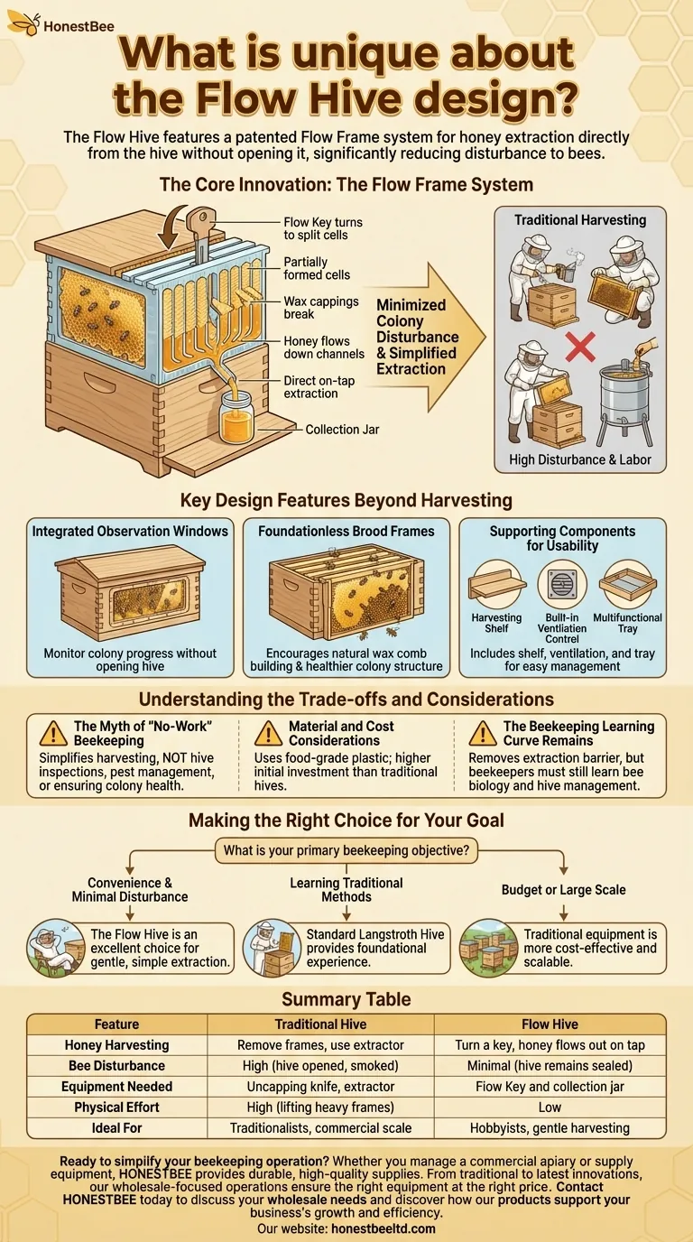 What is unique about the Flow Hive design? The Innovative On-Tap Honey Harvesting System Visual Guide