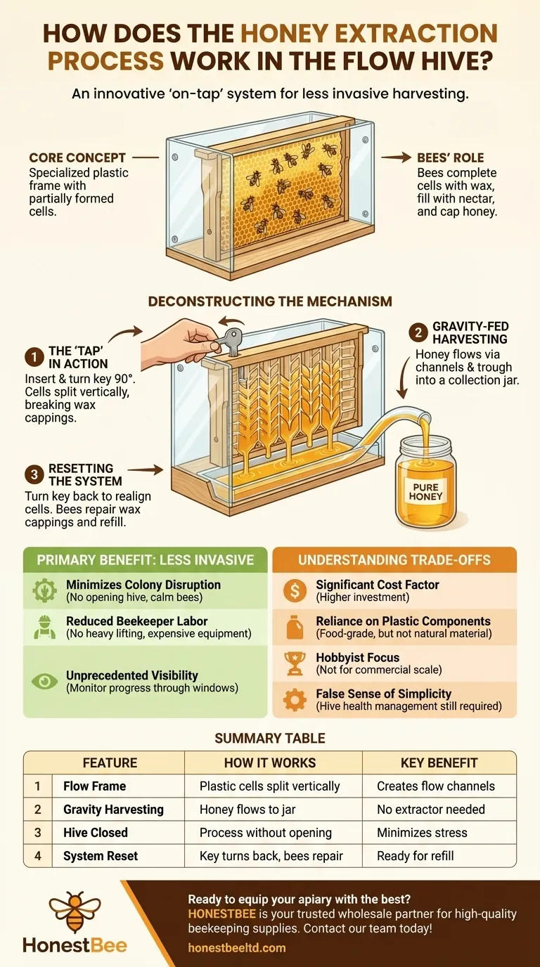 플로우 하이브(Flow Hive)에서 꿀 채취 과정은 어떻게 작동하나요? 온탭(On-Tap) 방식으로 벌을 온순하게 수확하는 가이드 시각적 가이드