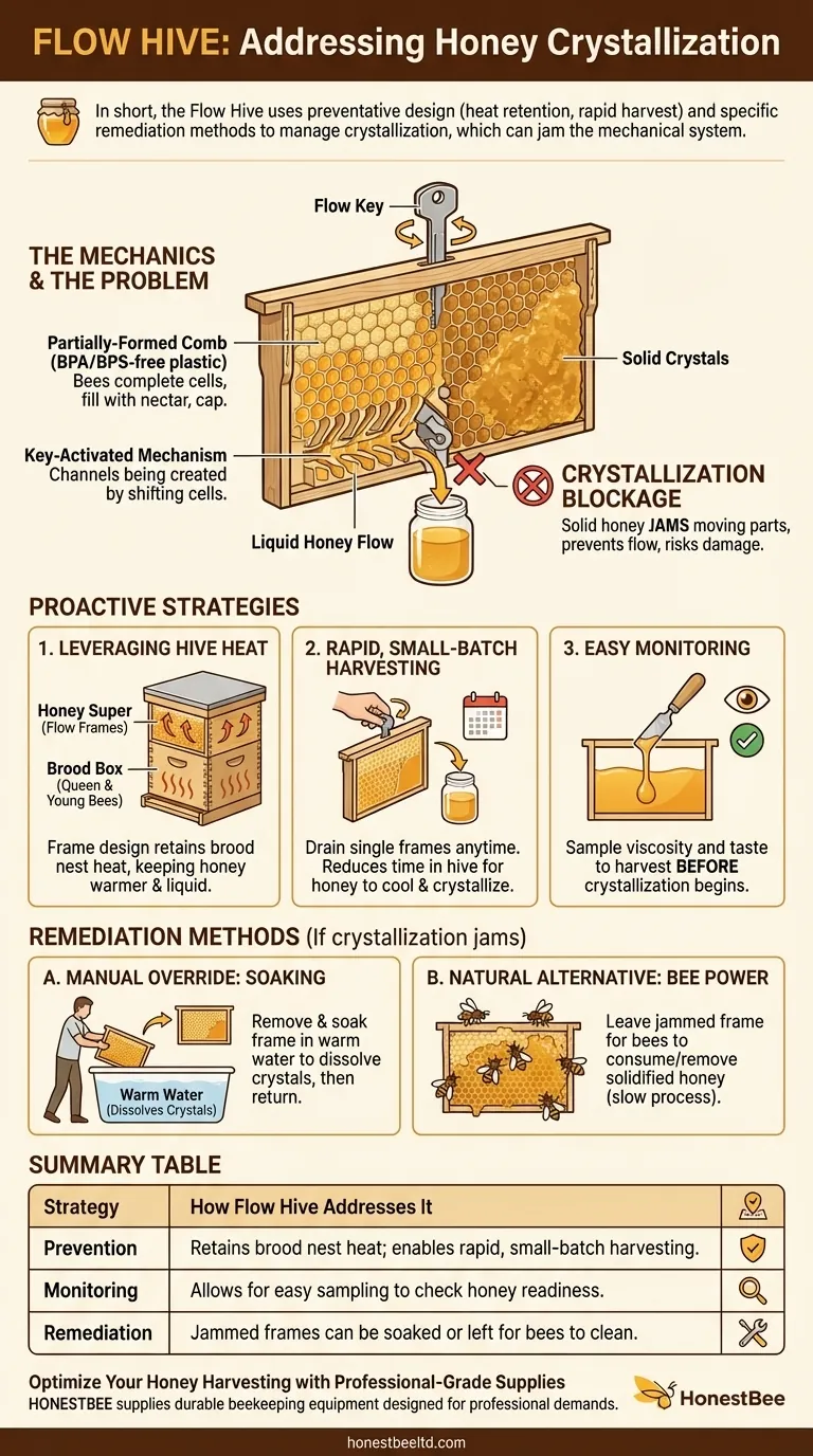 How does the Flow Hive address the issue of honey crystallization? Prevent and Manage Crystallization Visual Guide