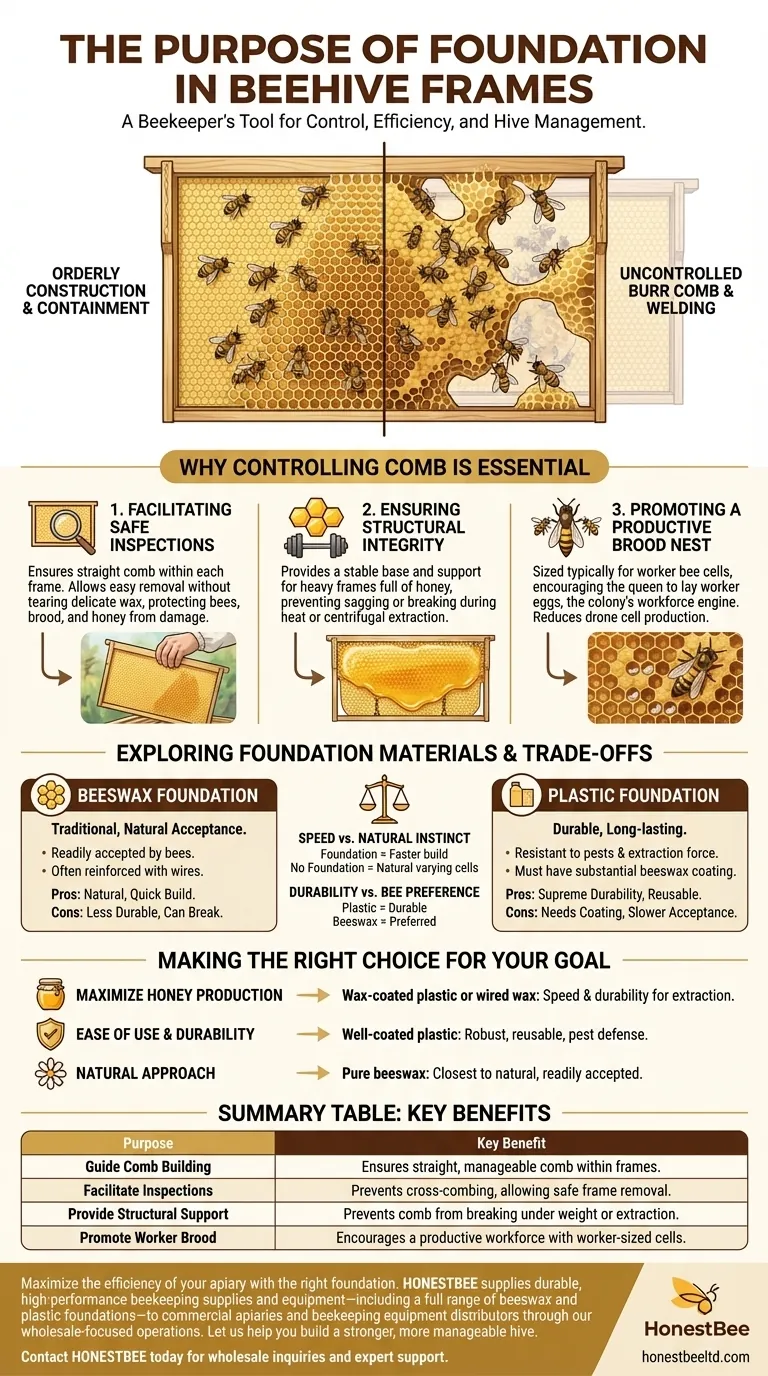 What is the purpose of using foundation in beehive frames? Achieve Hive Control and Maximize Production Visual Guide