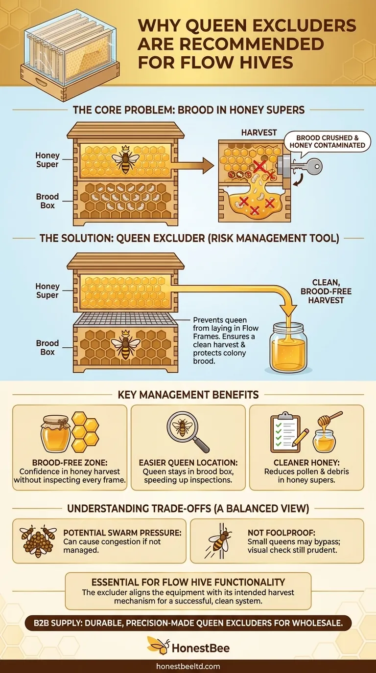 플로우 하이브(Flow Hive)에 여왕벌 배제기(queen excluder)가 권장되는 이유는 무엇인가요? 깨끗한 수확을 위해 유충 손상을 방지합니다 시각적 가이드