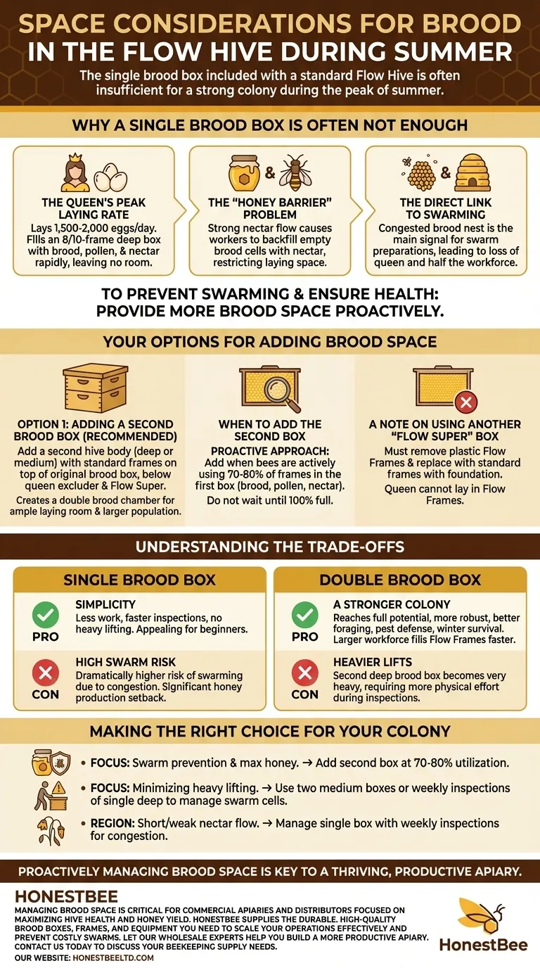 What are the space considerations for brood in the Flow Hive during summer? Prevent Swarming & Maximize Honey Production Visual Guide