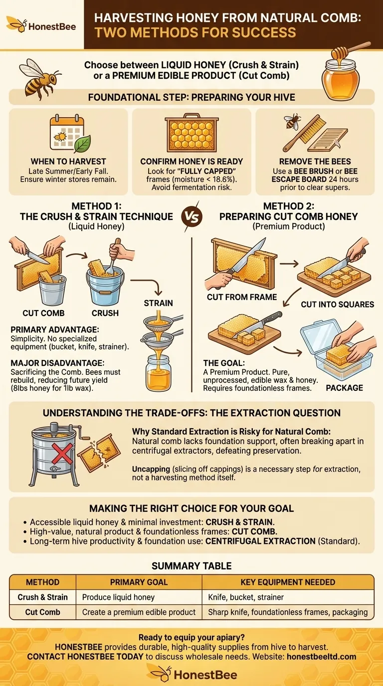 What are the methods for harvesting honey from natural comb? Crush & Strain vs. Cut Comb Explained Visual Guide