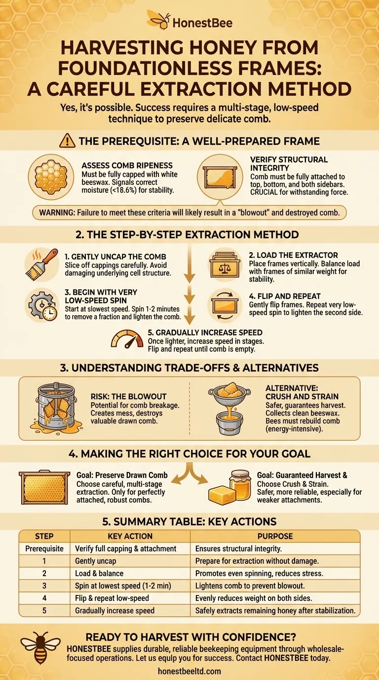 What is a method for harvesting honey from foundationless frames using an extractor? A Step-by-Step Guide Visual Guide