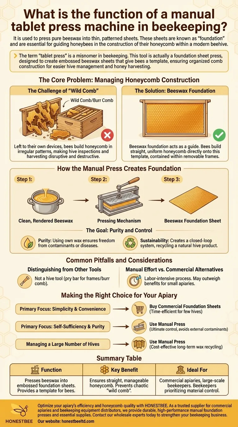 What is the function of a manual tablet press machine in beekeeping? Create Pure Beeswax Foundation for Your Hives Visual Guide