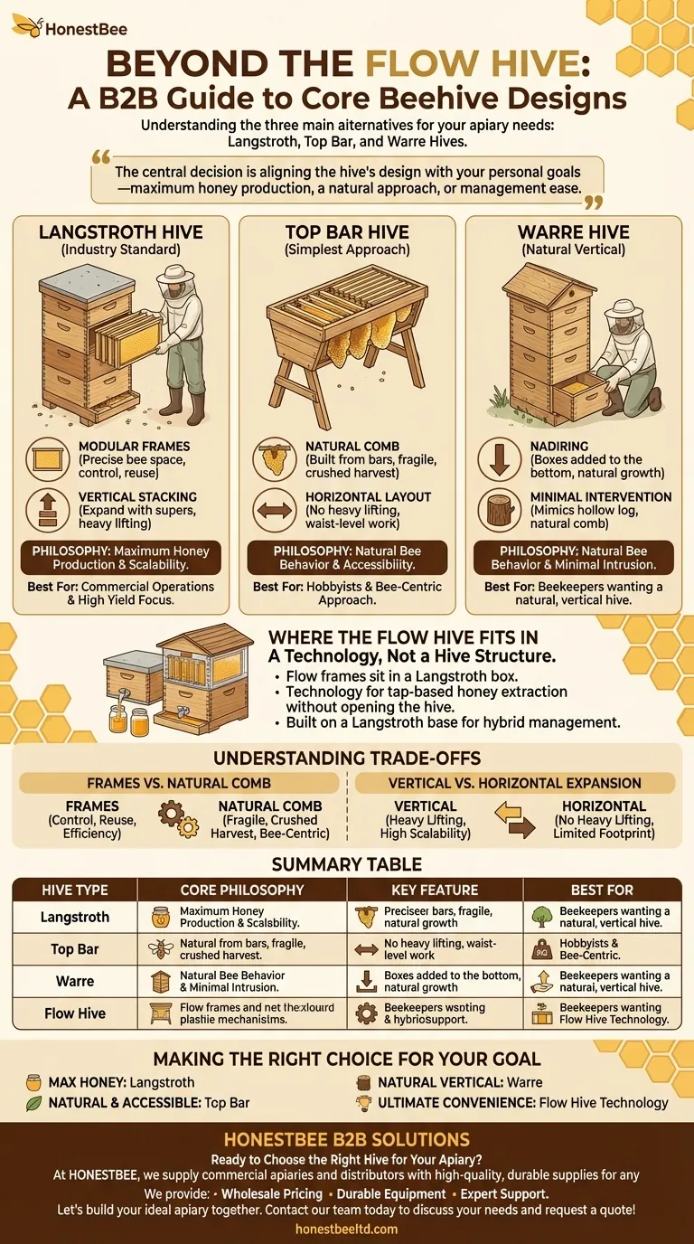 What other types of hives are available besides the Flow Hive? Explore Langstroth, Top Bar, and Warre Visual Guide