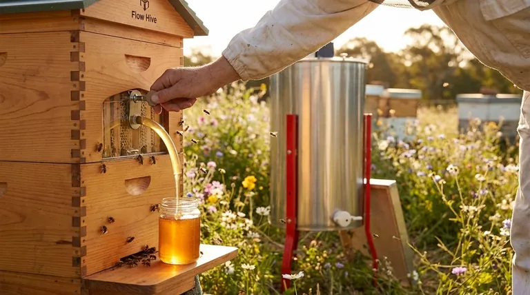 꿀 수확 시 플로우 하이브(Flow Hive) 사용의 효율성 이점은 무엇인가요? 부드럽고 필요할 때 바로 사용할 수 있는 시스템을 활용해 보세요.