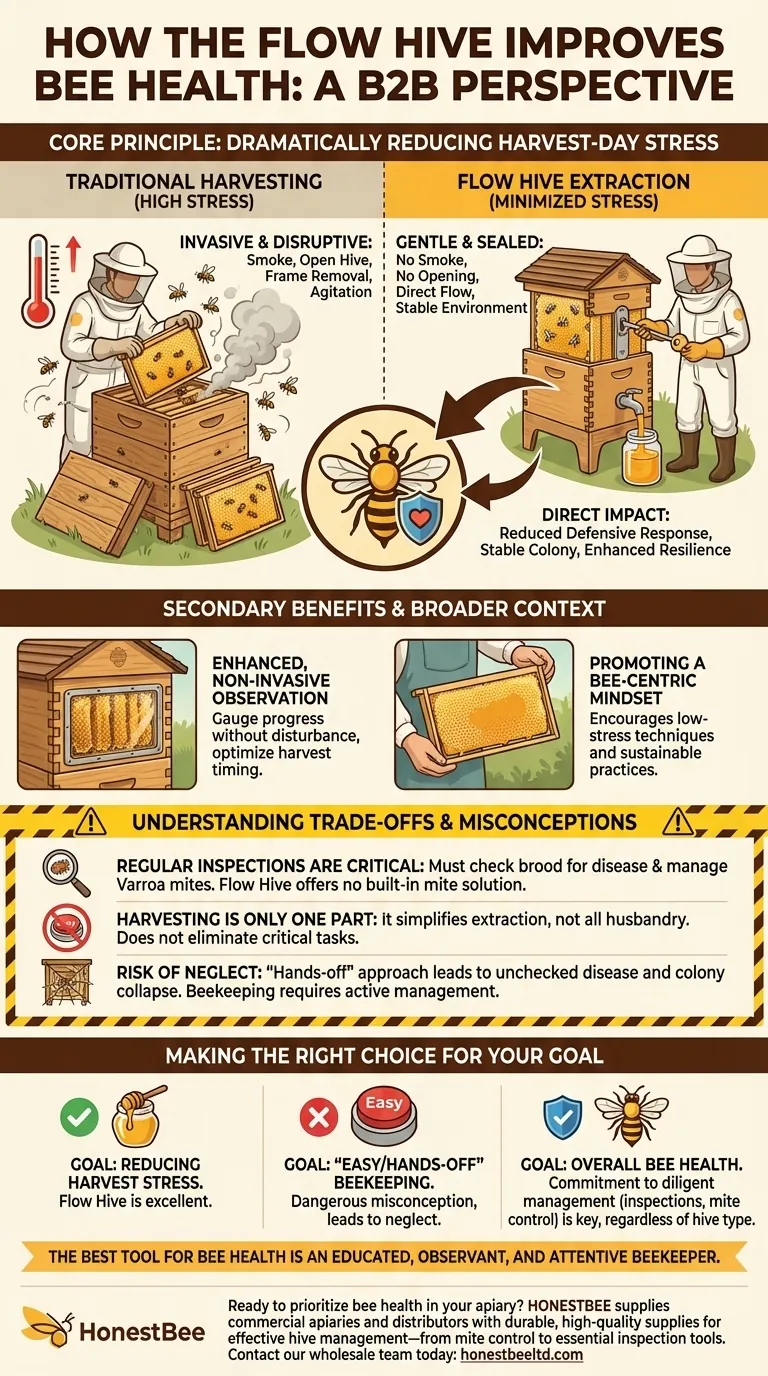 How does the Flow Hive improve bee health? By Minimizing Stress During Honey Harvest Visual Guide