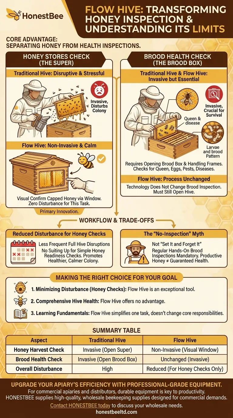 How does Flow Hive technology improve the hive inspection process? Minimize Disturbance for Honey Harvesting Visual Guide