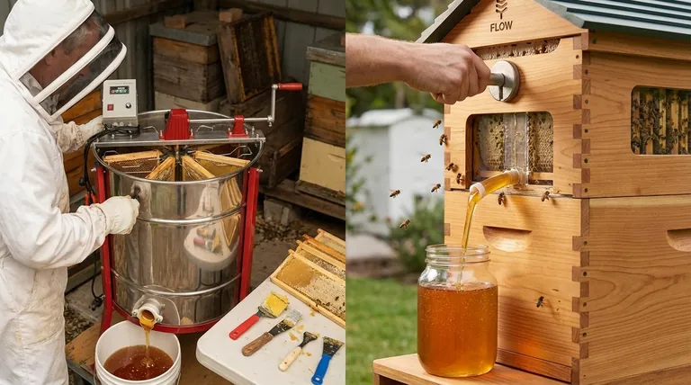 플로우 하이브(Flow Hive)에서 꿀을 채취하는 과정은 어떻게 되나요? 부드럽고 직접 용기로 담는 수확을 경험해 보세요