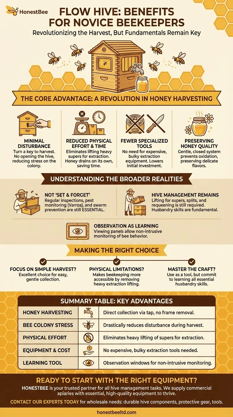 What are the benefits of the Flow Hive for novice beekeepers? Simplify Honey Harvesting & Reduce Stress Visual Guide