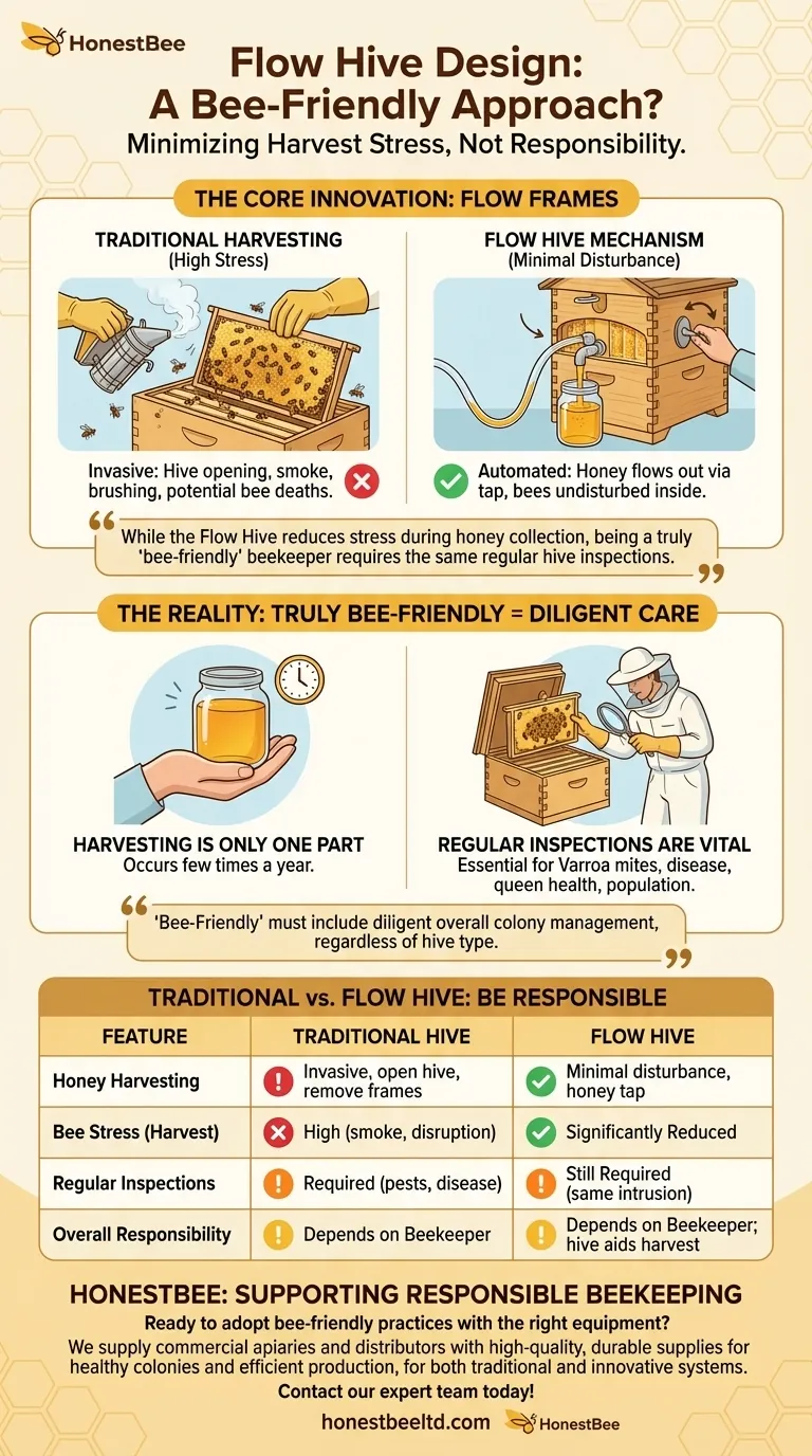 How does the Flow Hive's design promote a bee-friendly approach to beekeeping? Discover Stress-Free Honey Harvesting Visual Guide