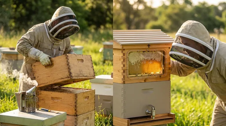 랑스트로스 벌통의 꿀 상단 확인은 허니 플로우 상단 검사와 어떻게 다른가요? 파괴적 방법과 비침습적 방법에 대한 가이드