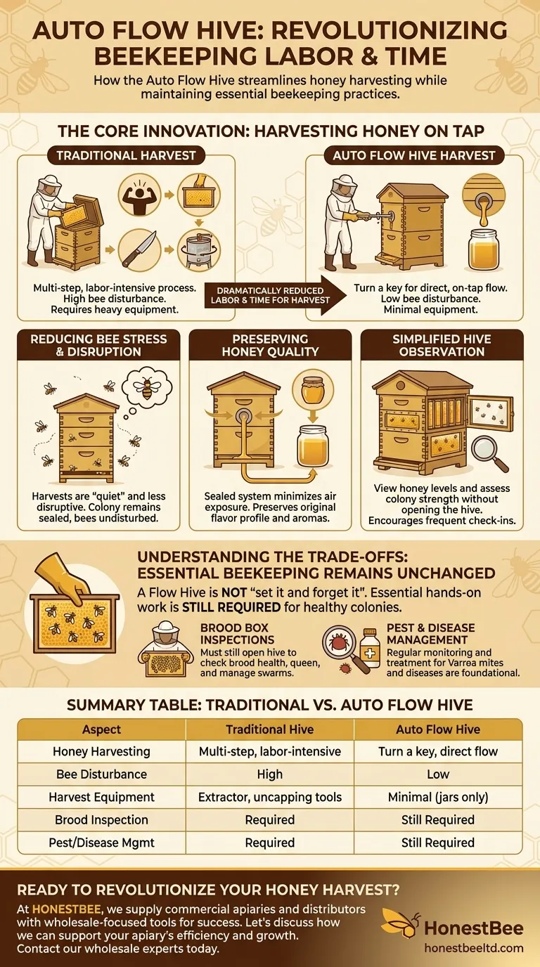 How does the Auto Flow Hive reduce labor and time for beekeepers? Streamline Your Honey Harvest Visual Guide