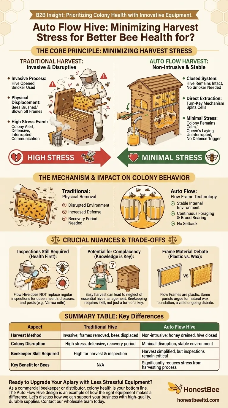 Why is the Auto Flow Hive better for the bees? Minimizing Stress with Non-Intrusive Harvesting Visual Guide