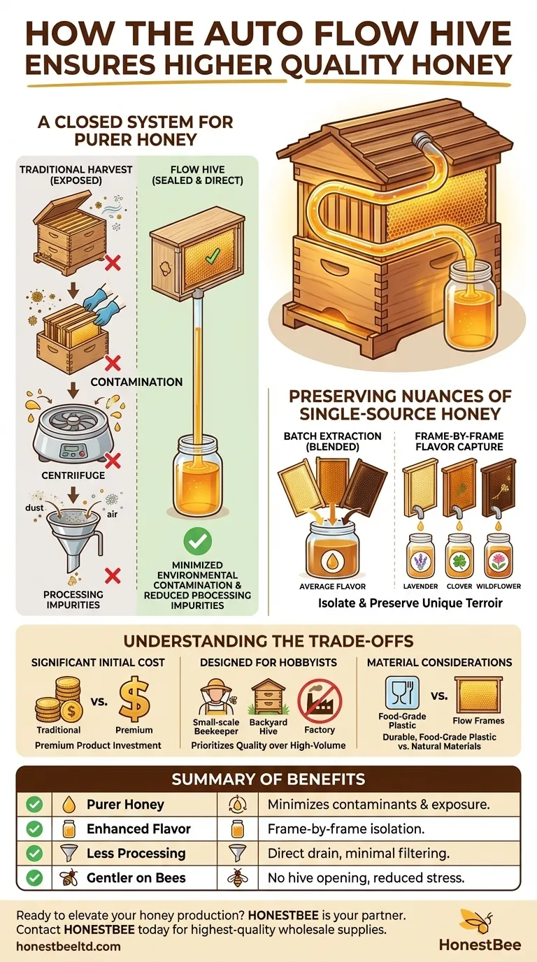 How does the Auto Flow Hive ensure higher quality honey? Achieve Purer, Artisanal Honey with Ease Visual Guide