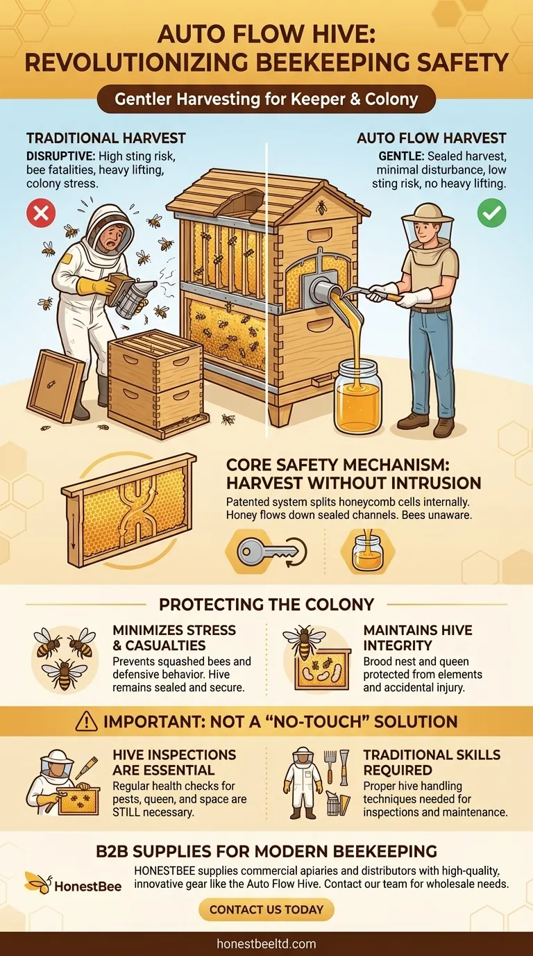 What safety features does the Auto Flow Hive offer? Harvest Honey with Minimal Risk of Stings Visual Guide