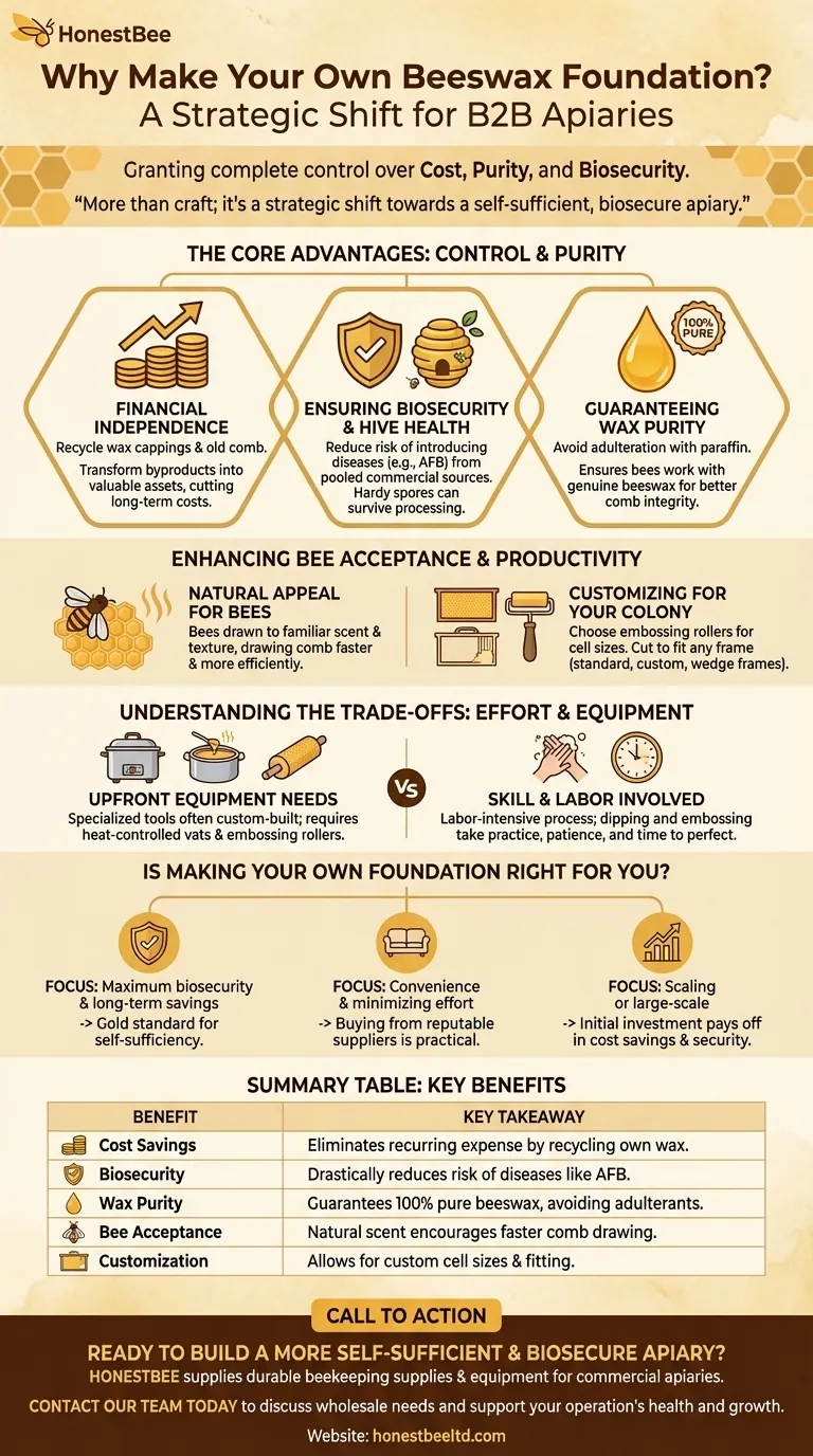 자체 밀랍 기초(foundation)를 만드는 것이 왜 유익할까요? 비용, 순도 및 벌통 건강에 대한 통제력 확보 시각적 가이드