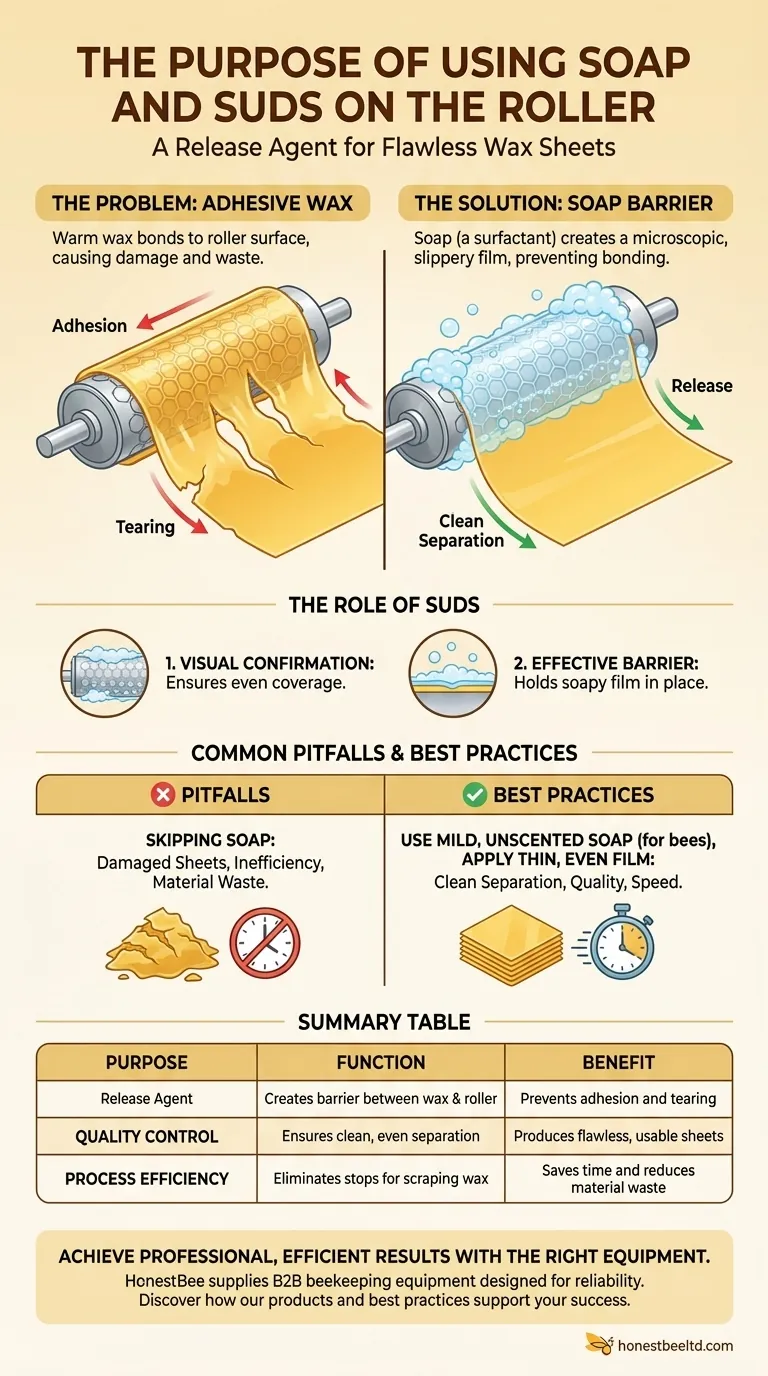 롤러에 비누와 거품을 사용하는 목적은 무엇입니까? 깨끗하고 찢어지지 않는 왁스 시트 분리를 보장하기 위함입니다. 시각적 가이드
