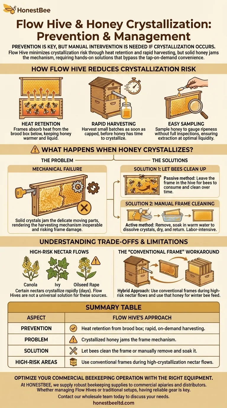 How does the Flow Hive handle honey crystallization? Leverage Design for Prevention Visual Guide