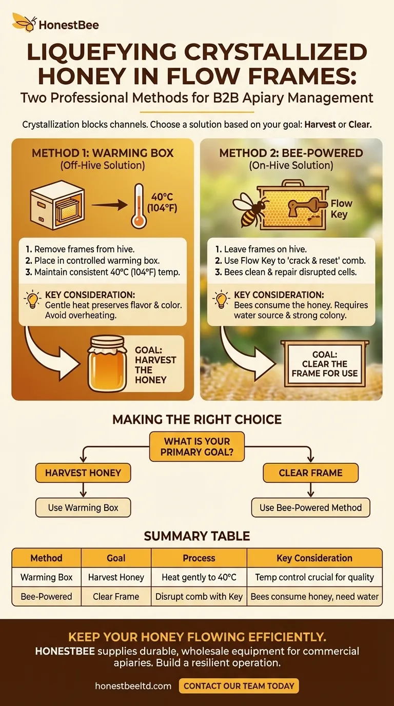 What methods can be used to liquefy crystallized honey in Flow Frames? Restore Your Harvest with Gentle Heat or Bee Power Visual Guide