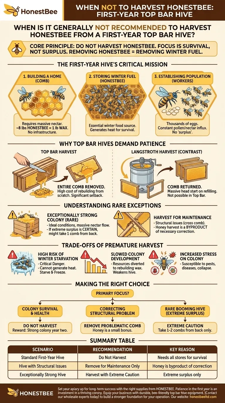 When is it generally not recommended to harvest honey from a first-year top bar hive? Avoid This Common Mistake for Hive Survival Visual Guide