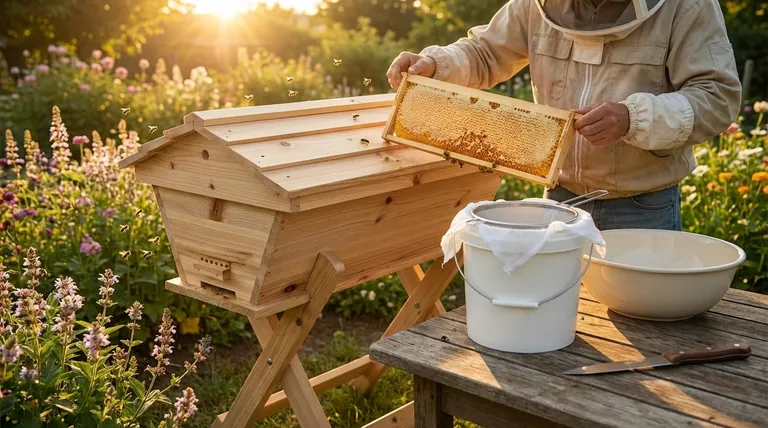 What is the preferred time of day to harvest honey from a top bar hive? Optimize for a Calm & Efficient Harvest
