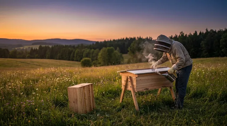 What is the process for removing bees from honey boxes in a Warre hive? Gentle, Low-Intervention Harvesting