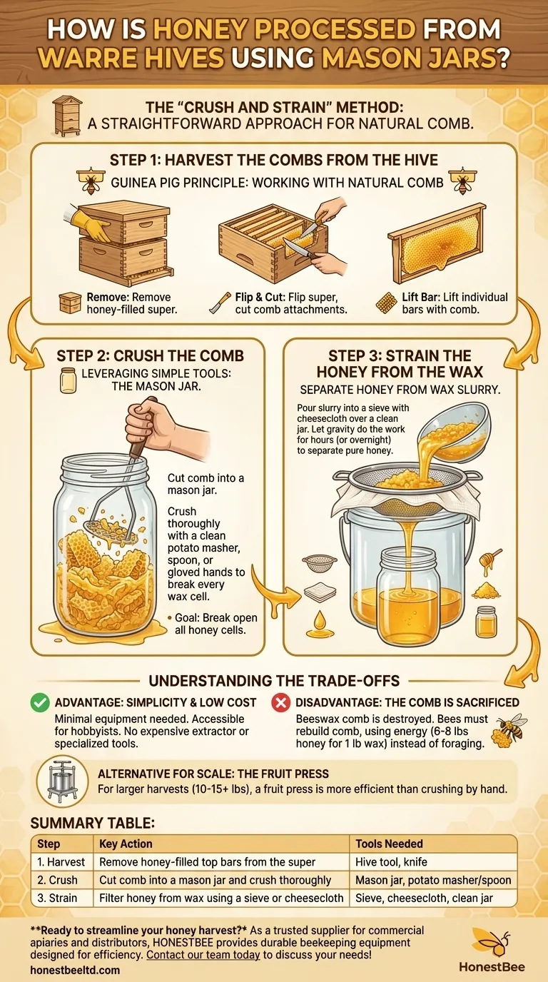 How is honey processed from Warre hives using mason jars? A Simple Crush and Strain Guide Visual Guide