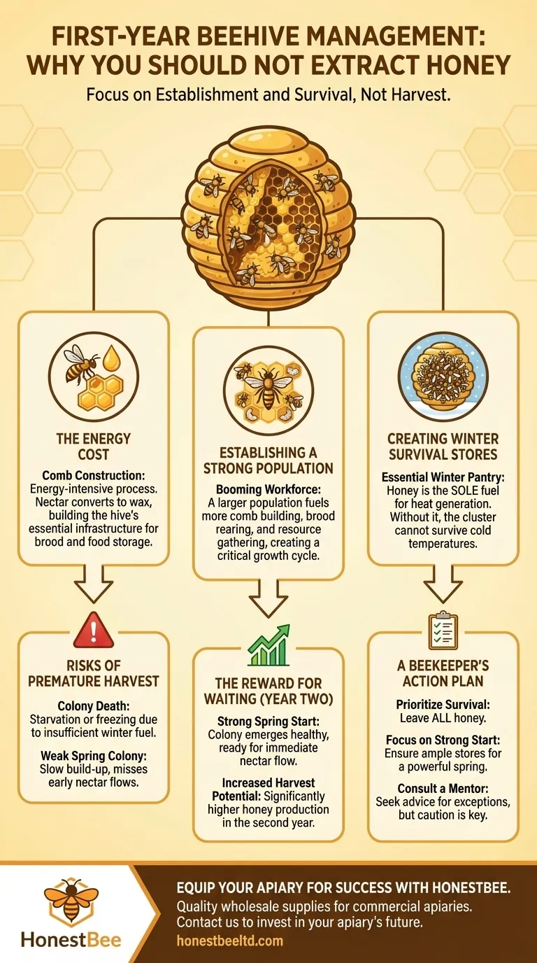 첫해 벌통의 꿀 채취와 관련하여 고려해야 할 사항은 무엇입니까? 풍성한 미래를 위해 군집 생존을 최우선으로 하십시오. 시각적 가이드