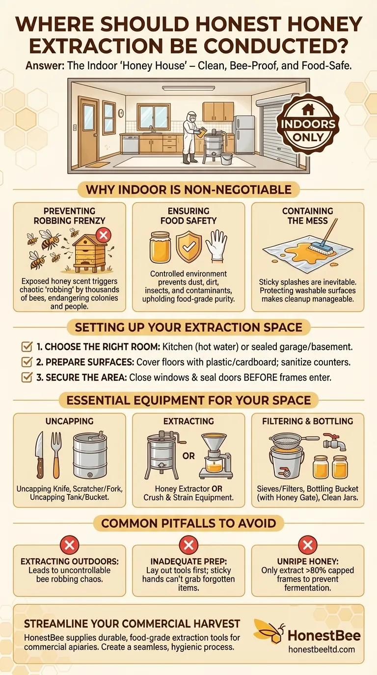 Where should honey extraction be conducted? Ensure a Clean, Bee-Proof Harvest Visual Guide