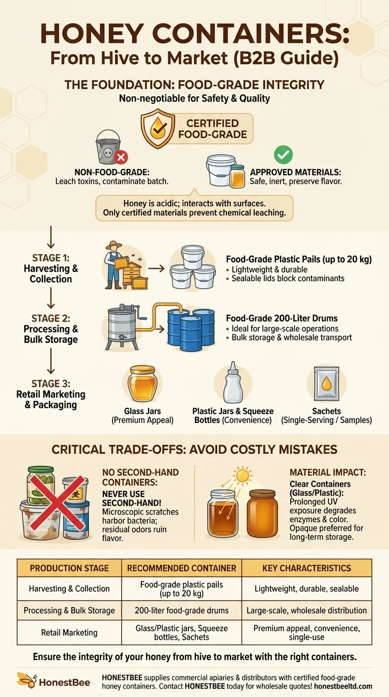 What types of containers are used for harvesting, processing, and marketing honey? A Guide to Food-Grade Solutions Visual Guide