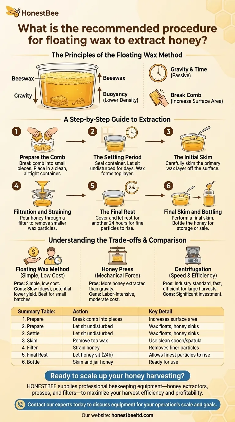 What is the recommended procedure for floating wax to extract honey? A Low-Cost, Gravity-Based Method Visual Guide